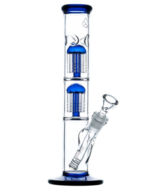 Blue 11" Double Tree Perc Straight Tube Bong