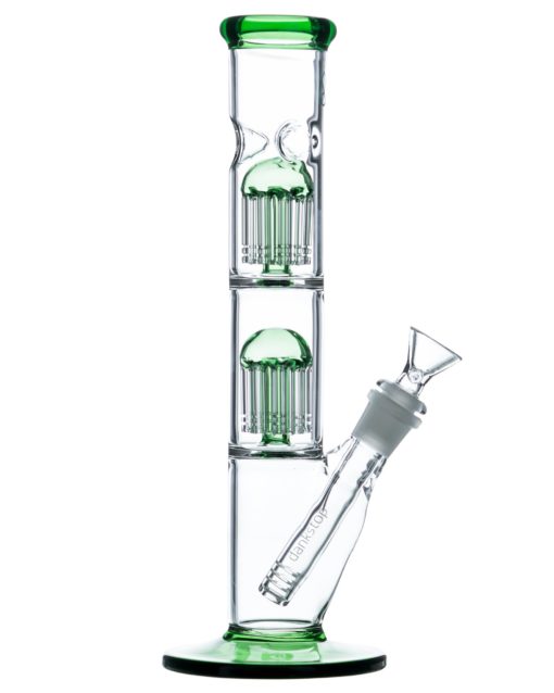 Green 11" Double Tree Perc Straight Tube Bong